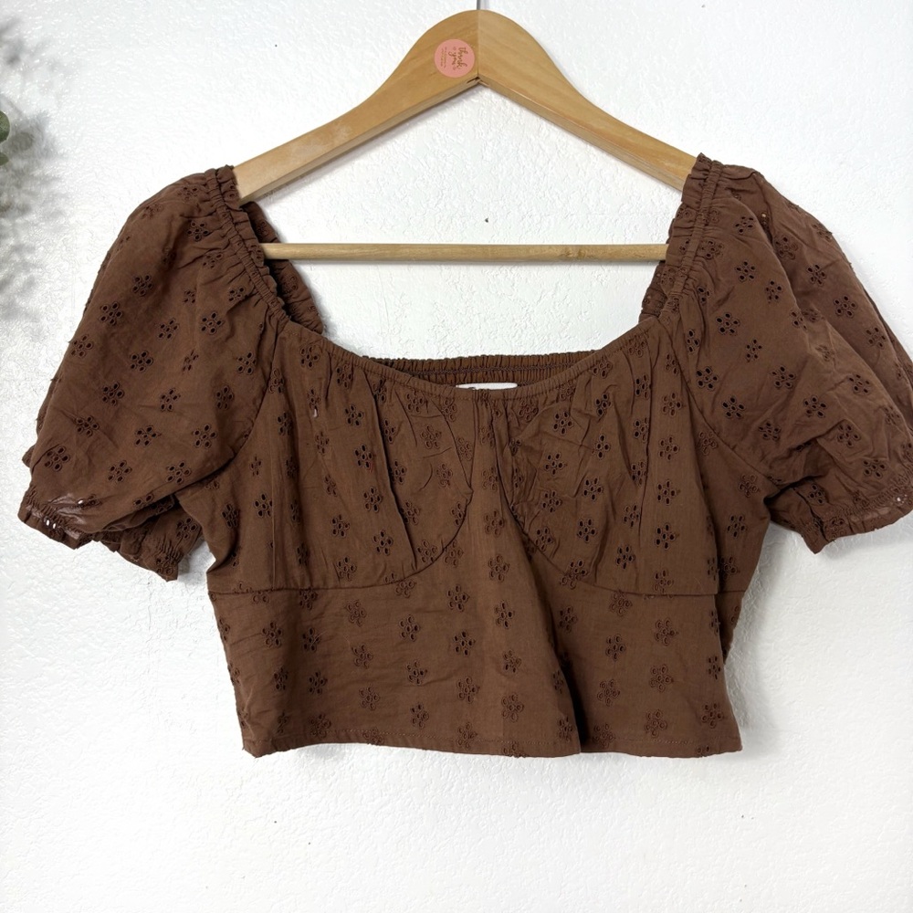 NWT HOLLISTER • Brown Embroidered Babydoll Crop Top